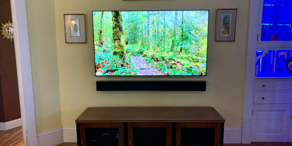 Next Level Acoustics Custom
                                Sound Bar to match LG tv and Salamander Designs A/V Cabinet